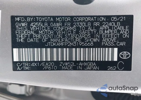 2021 Toyota Prius Prime Xle из США, поврежденный, VIN JTDKAMFP2M3195668